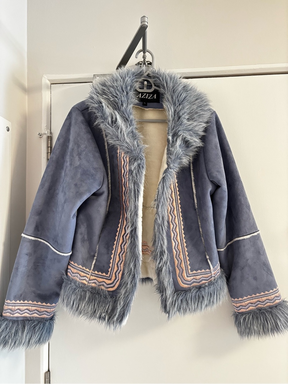 Aziza Blue Faux-Suede Teddy Jacket with Fur Trim